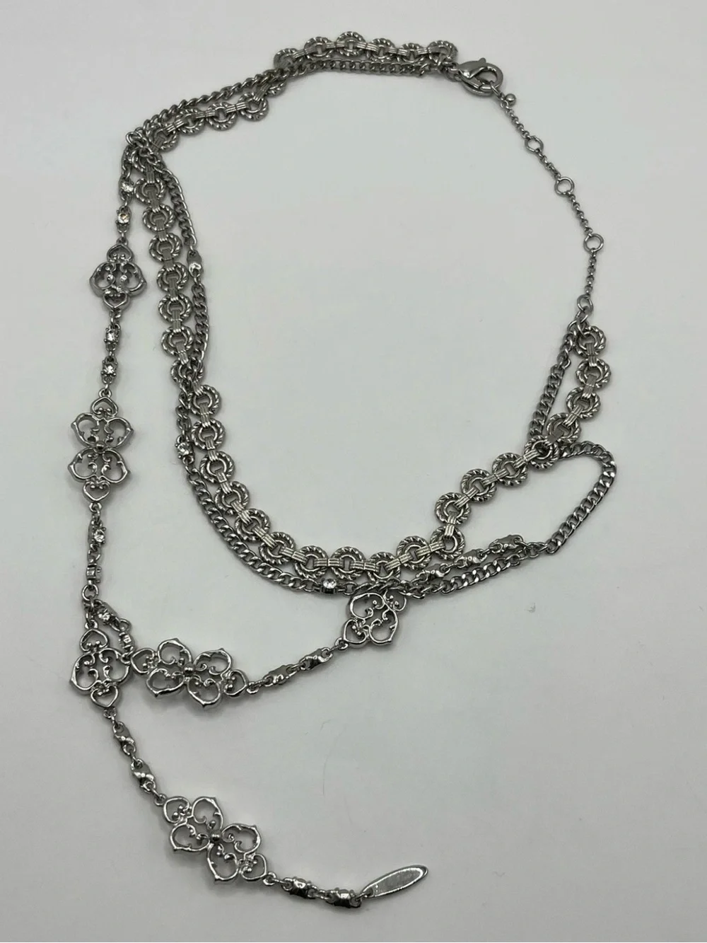 Express Y Drop Rhinestone Layered Statement Silver Tone 16”-20” - Picture 2 of 8